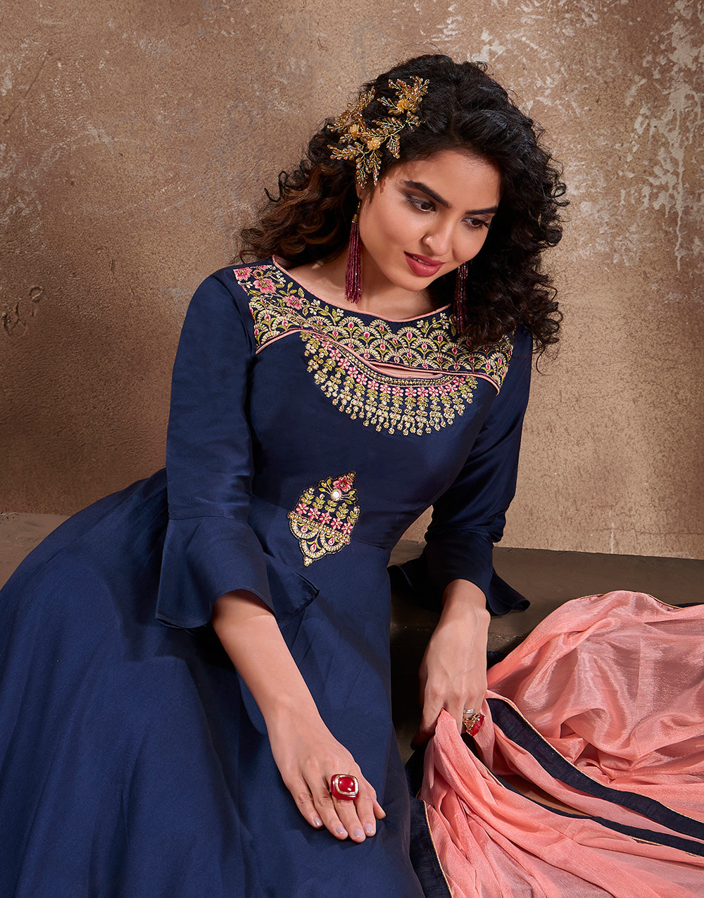 Navy Blue Triva Silk Heavy Embroidery Gown