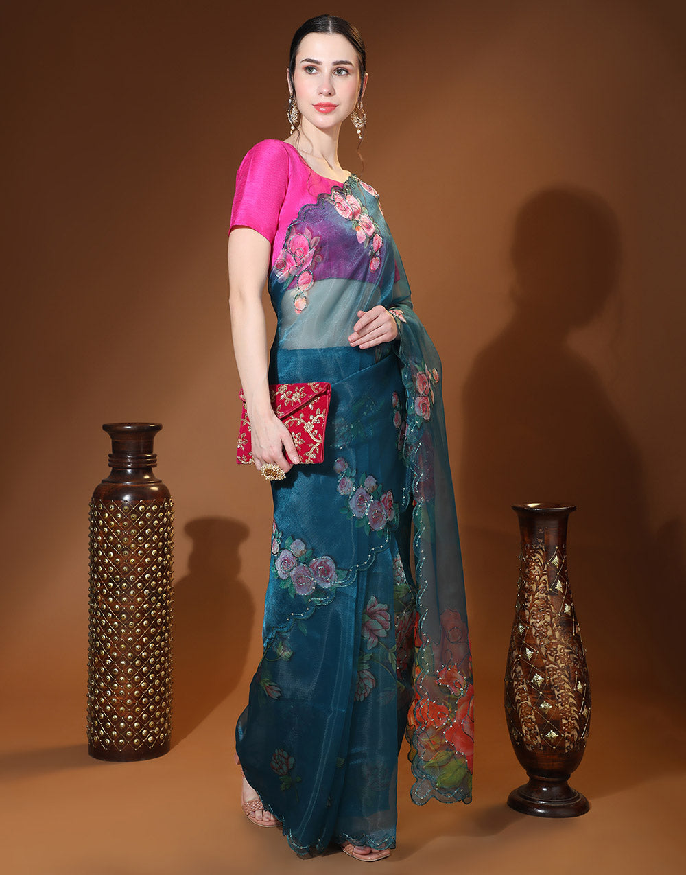 Prussian Blue Organza Saree Digital Printed Work With Cutwork Border