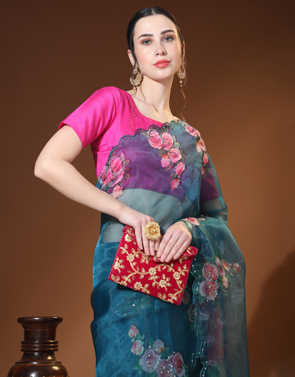 Prussian Blue Organza Saree Digital Printed Work With Cutwork Border