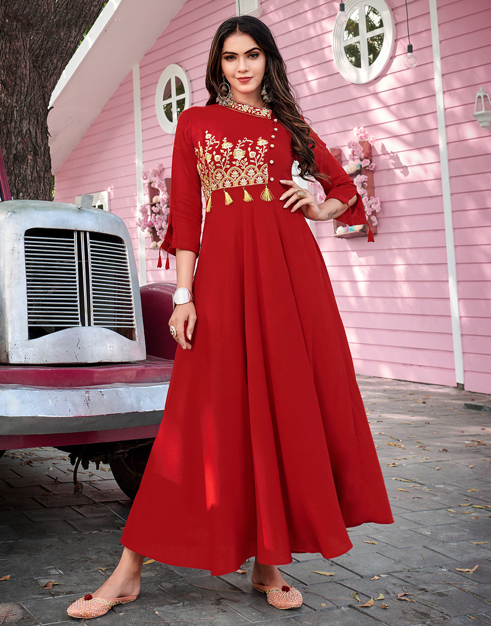 Red Rayon Cotton With Heavy Embroidery Work Long Kurti
