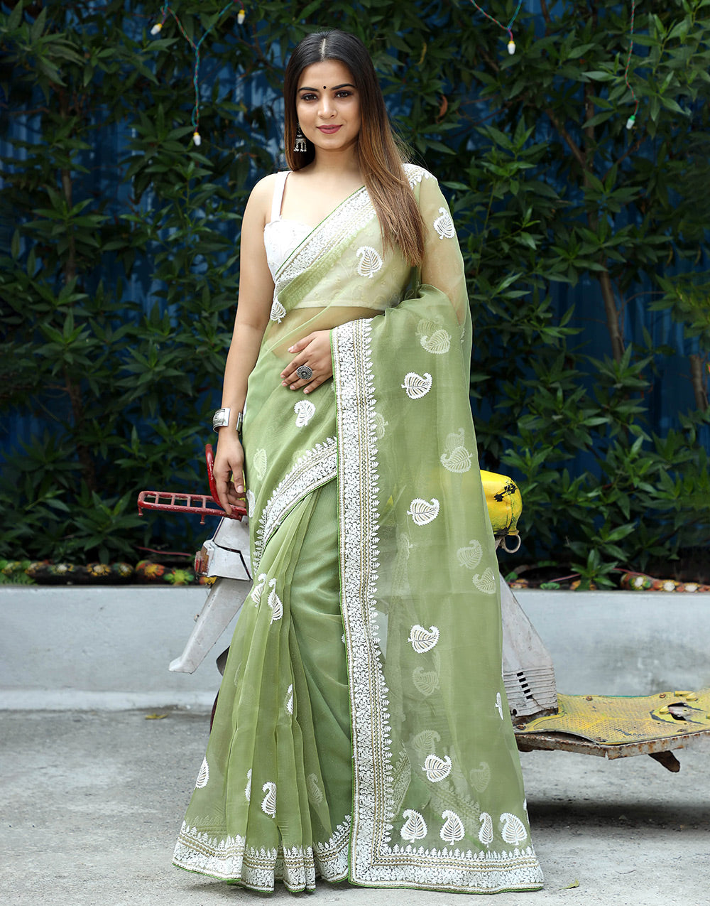 Olive Green Organza Saree With Embroidery Work