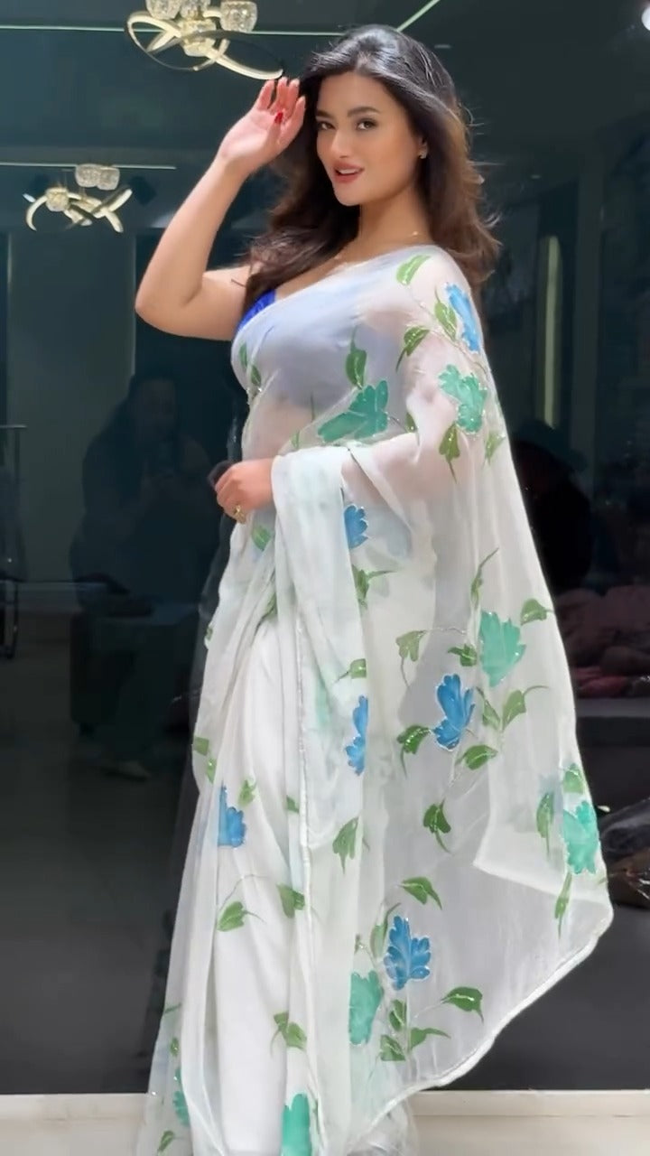 White Colour Orgenza Silk Ready To Wear Saree With Stitched Blouse