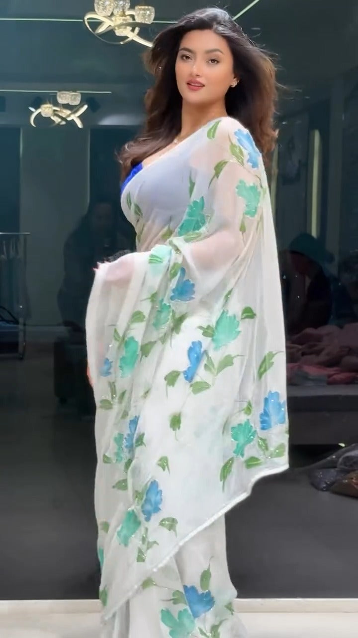 White Colour Orgenza Silk Ready To Wear Saree With Stitched Blouse