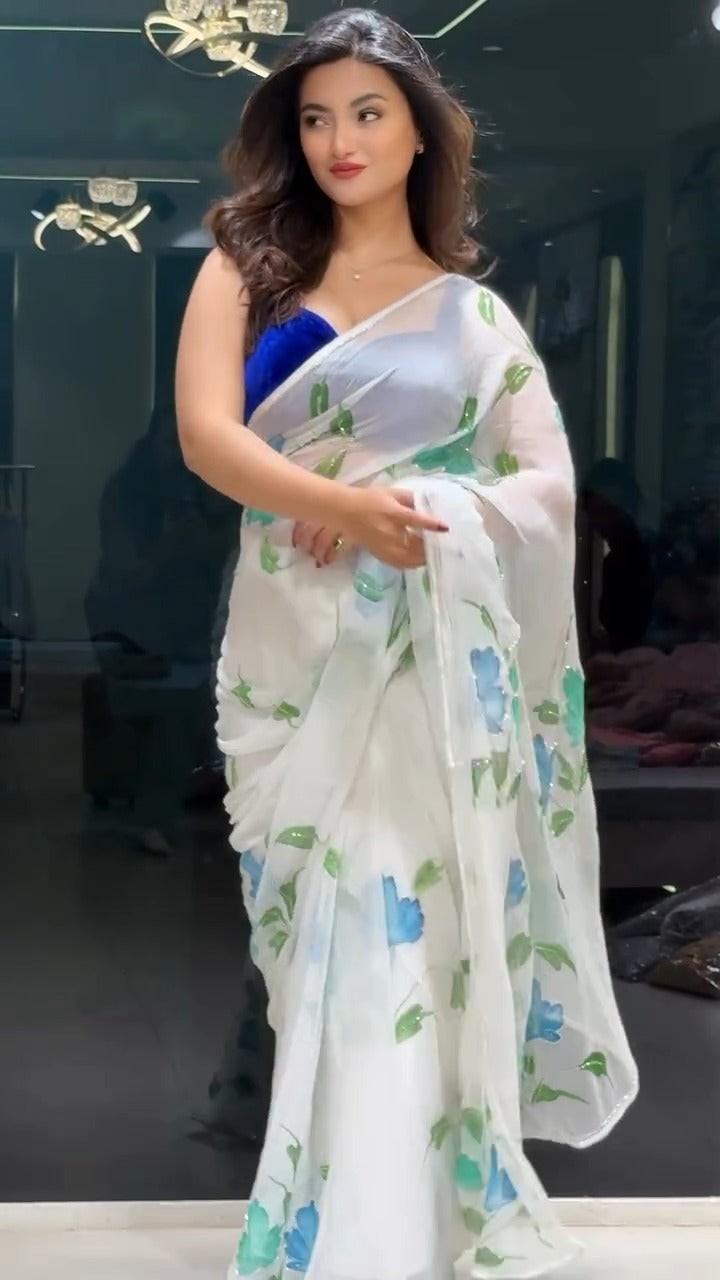 White Colour Orgenza Silk Ready To Wear Saree With Stitched Blouse