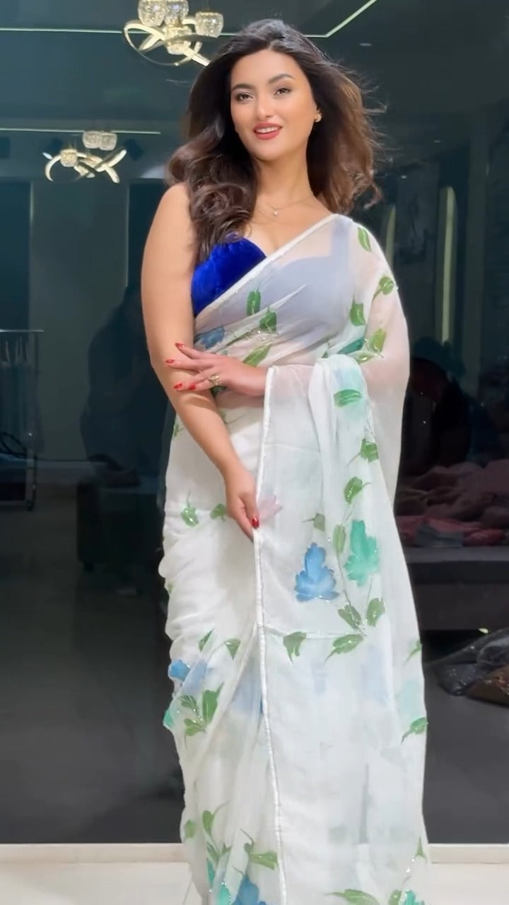White Colour Orgenza Silk Ready To Wear Saree With Stitched Blouse