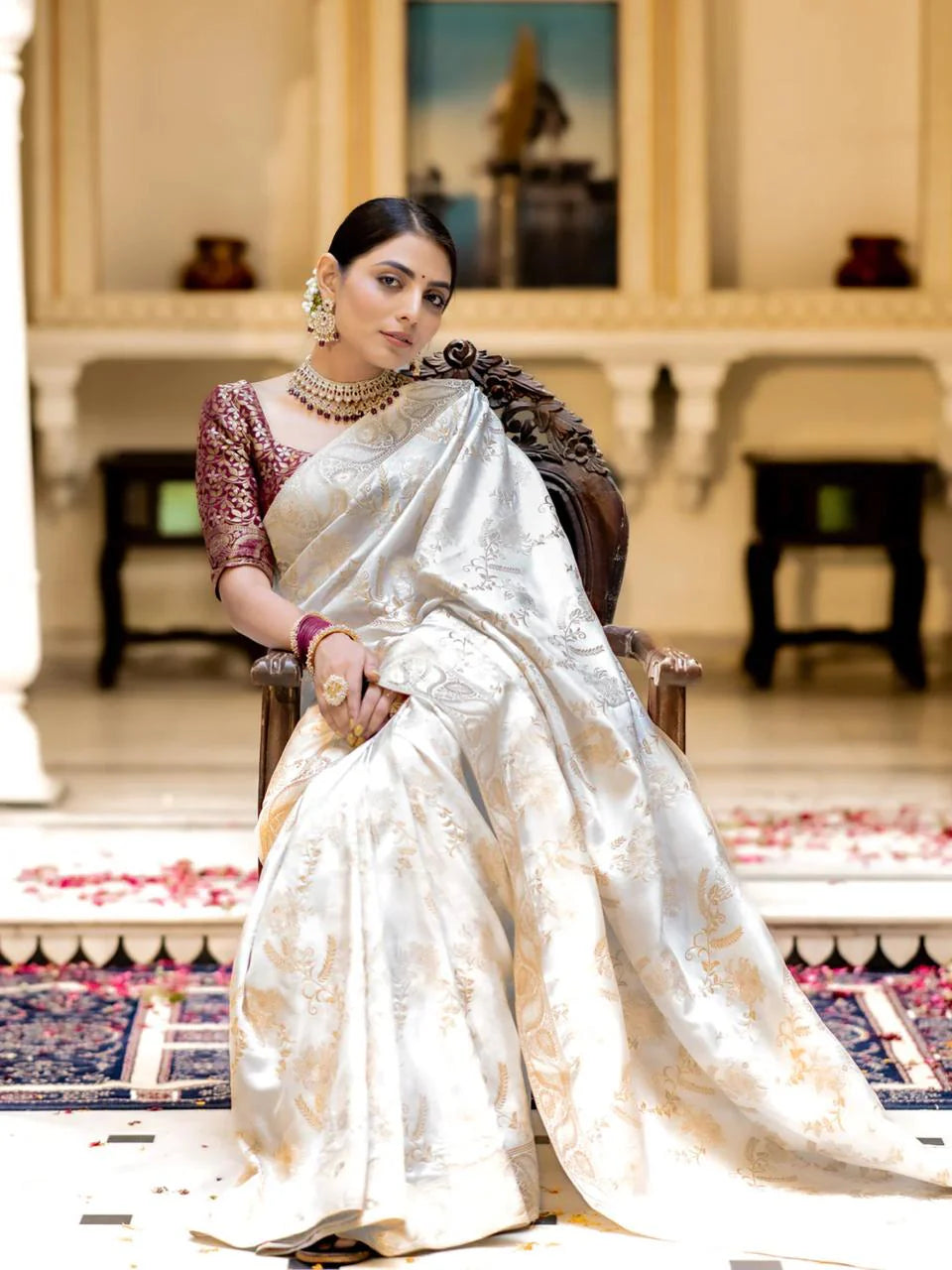 White Banarasi Silk Saree With Zari Weaving Work