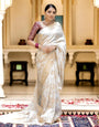 White Banarasi Silk Saree With Zari Weaving Work