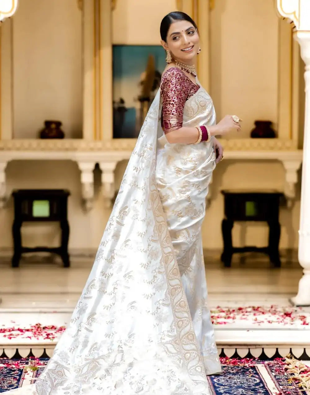 White Banarasi Silk Saree With Zari Weaving Work