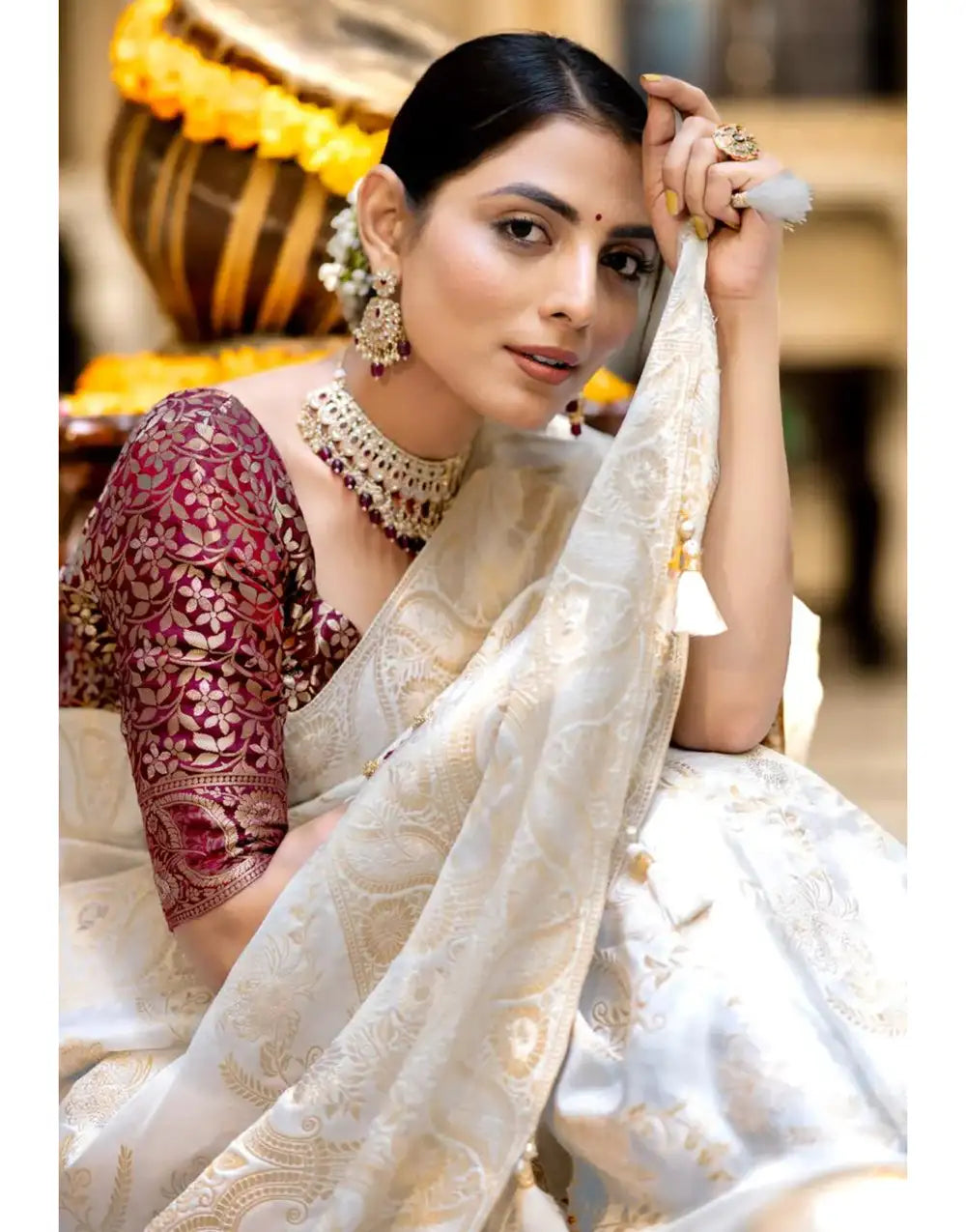 White Banarasi Silk Saree With Zari Weaving Work