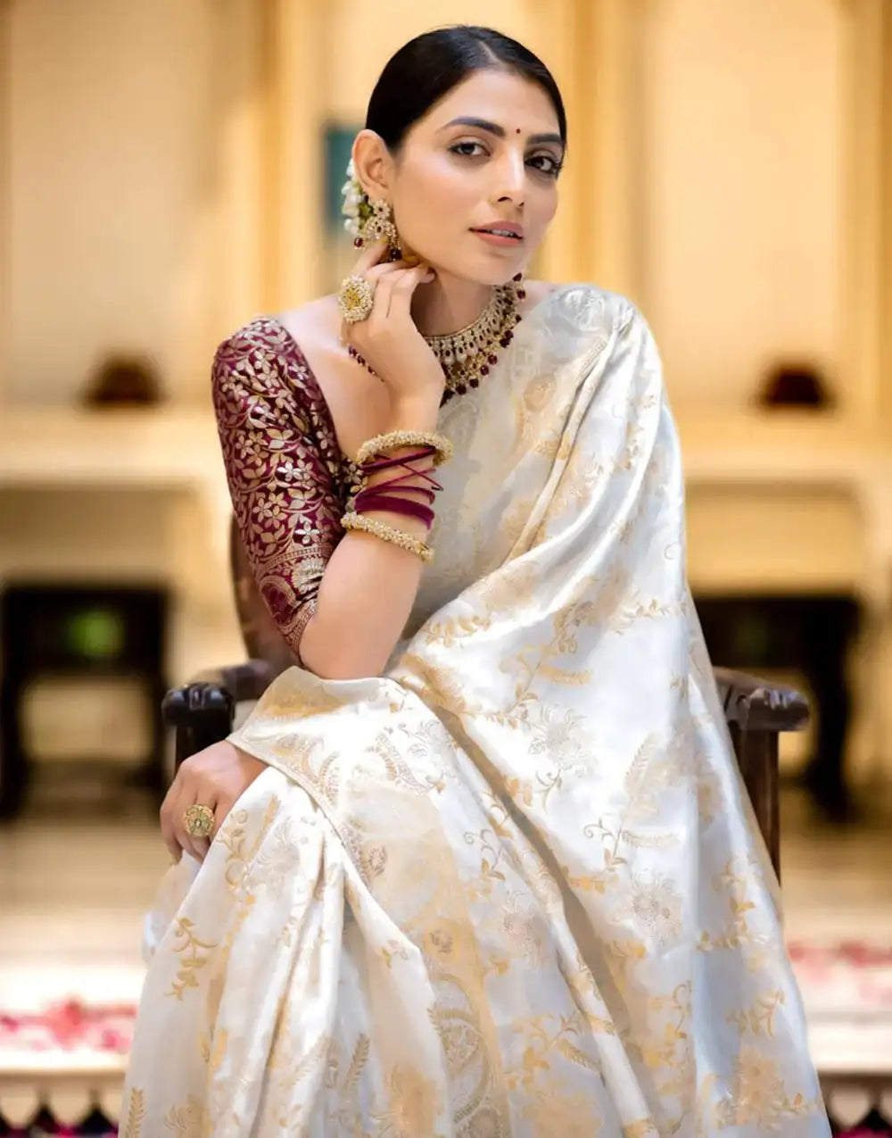 White Banarasi Silk Saree With Zari Weaving Work