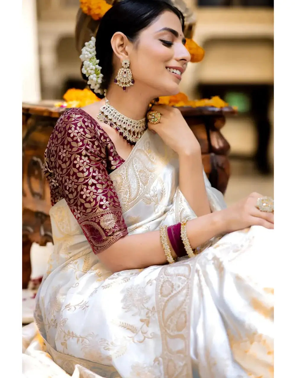 White Banarasi Silk Saree With Zari Weaving Work