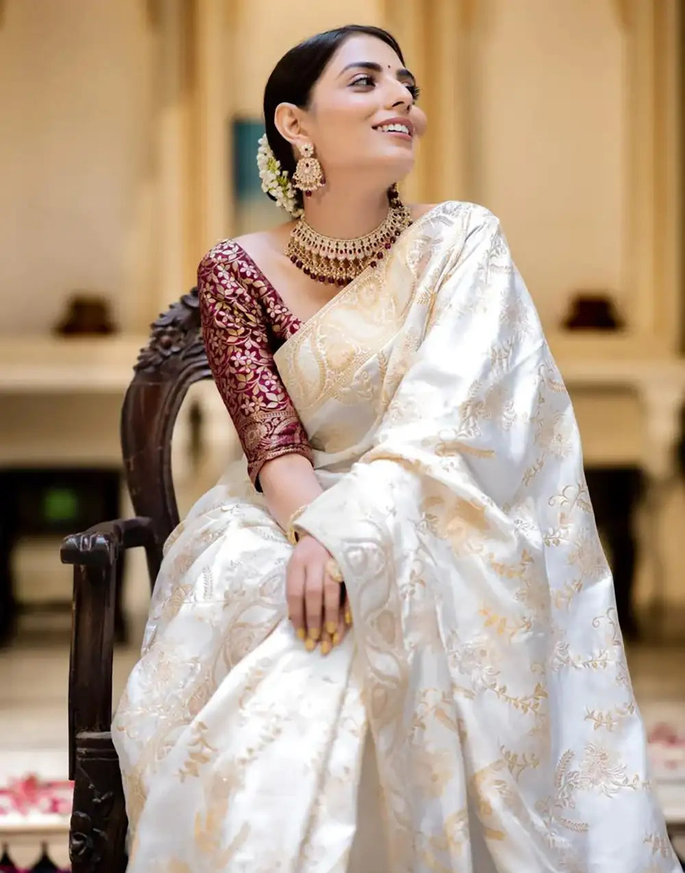 White Banarasi Silk Saree With Zari Weaving Work