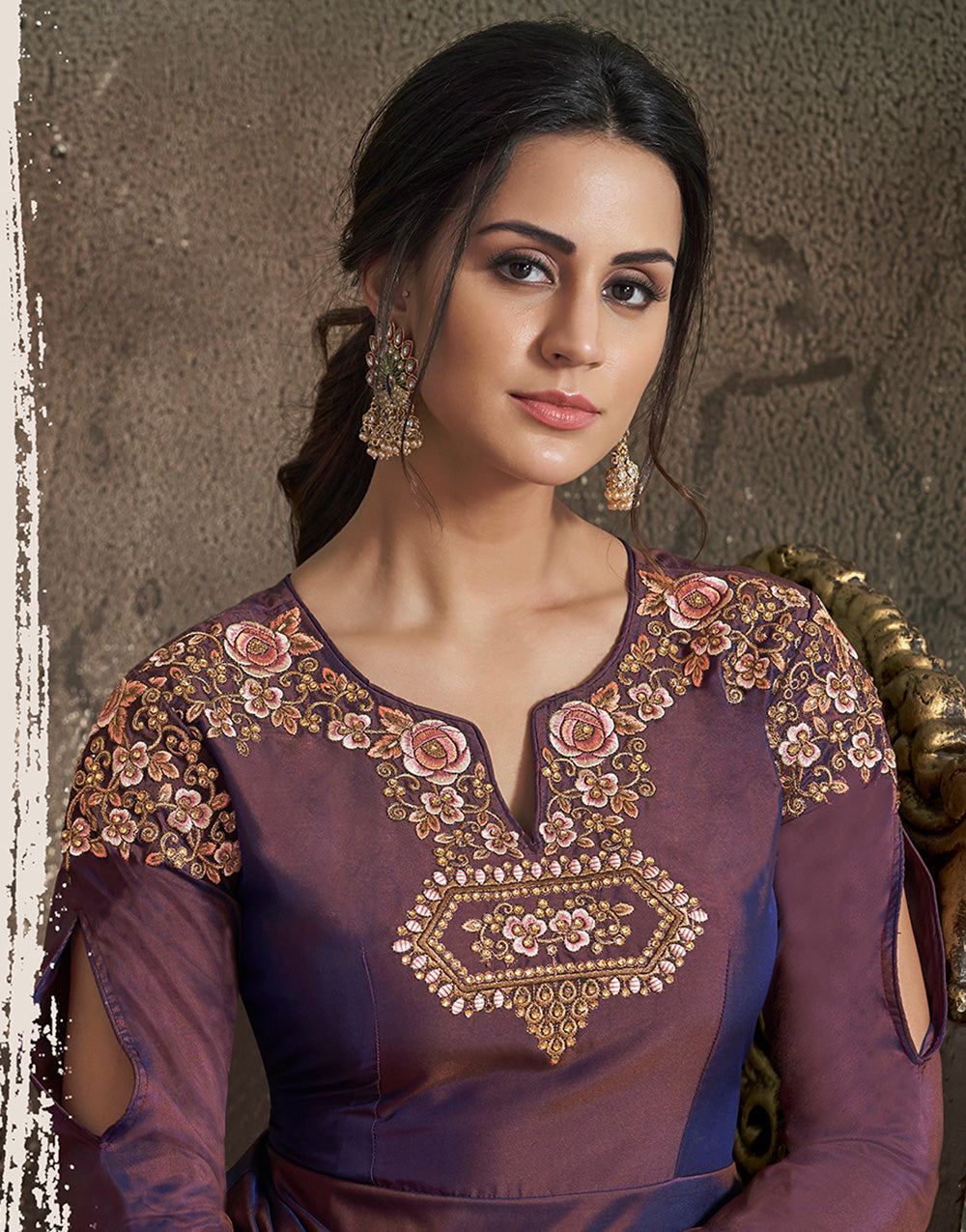 Rosewood Pink Soft Taffeta Silk With Embroidery Gown