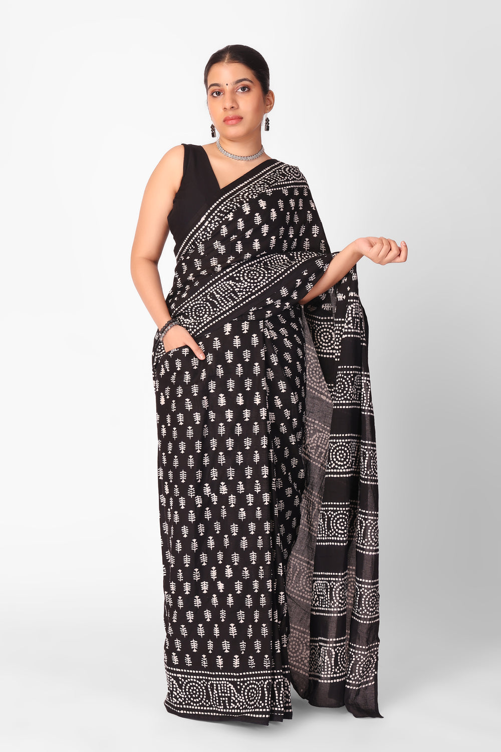 Black Colour Mul Cotton Ready To Wear Saree With Pocket