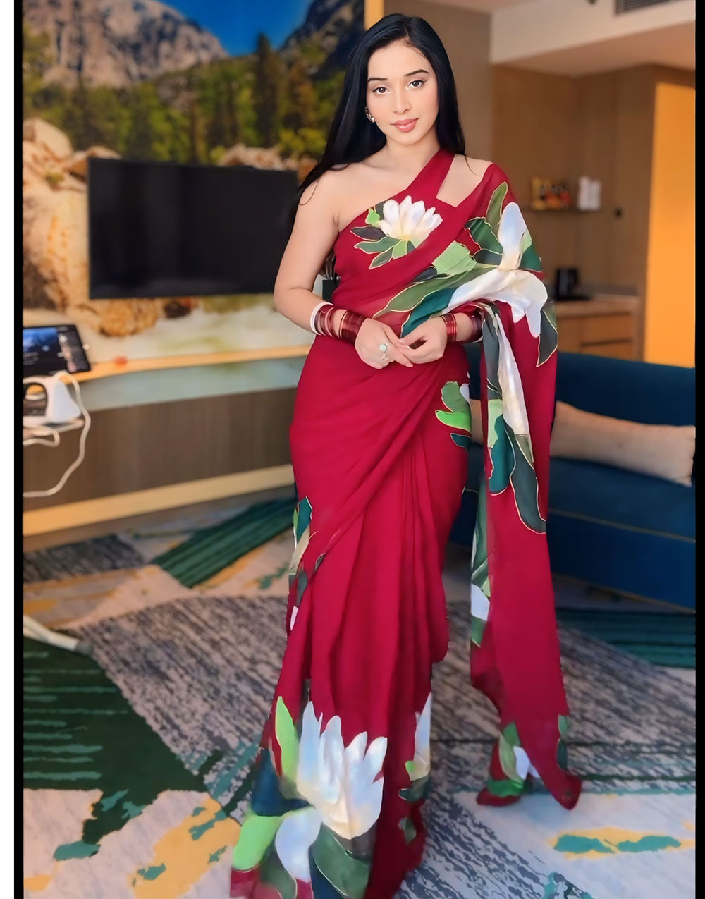 Cherry Red Soft Georgette Printed Ready To Wear Saree