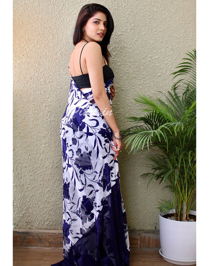 White & Navy Blue Georgette Saree With Printed Work