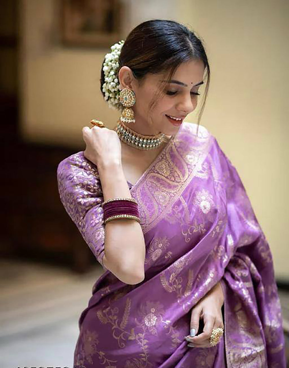 Violet Banarasi Silk Saree With Zari Weaving Work