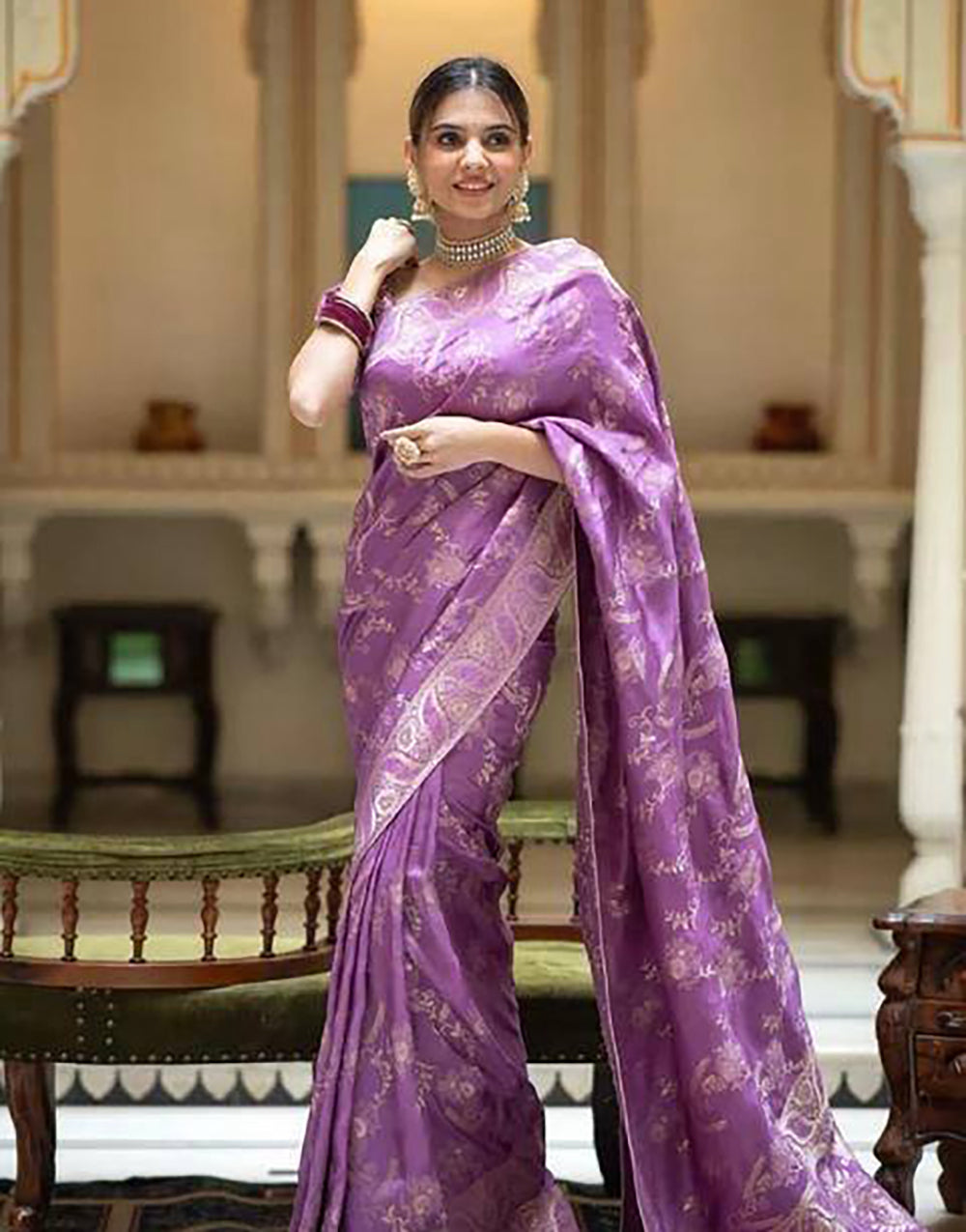 Violet Banarasi Silk Saree With Zari Weaving Work