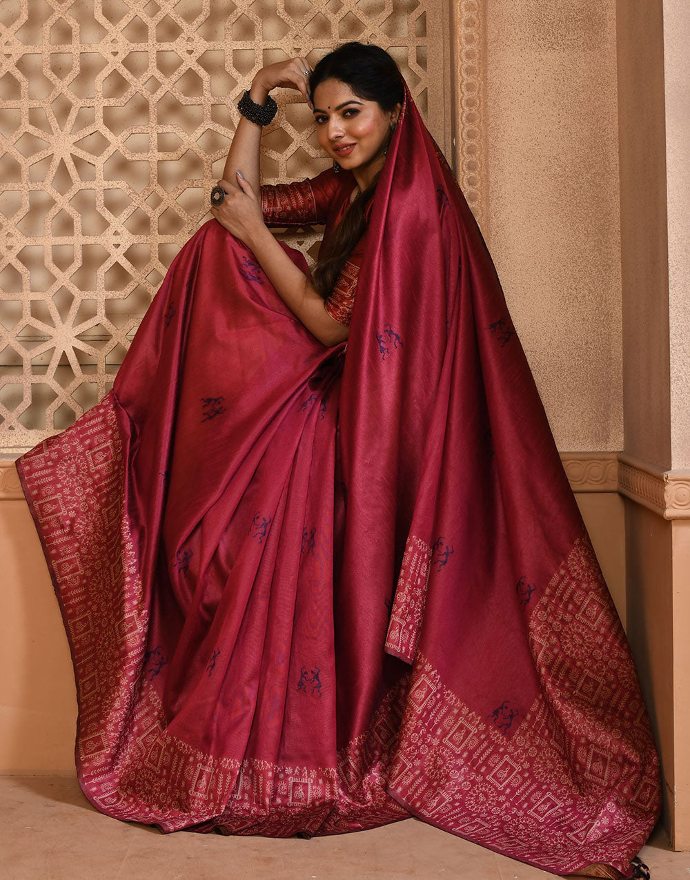Punch Pink Silk Saree With Weaving Work