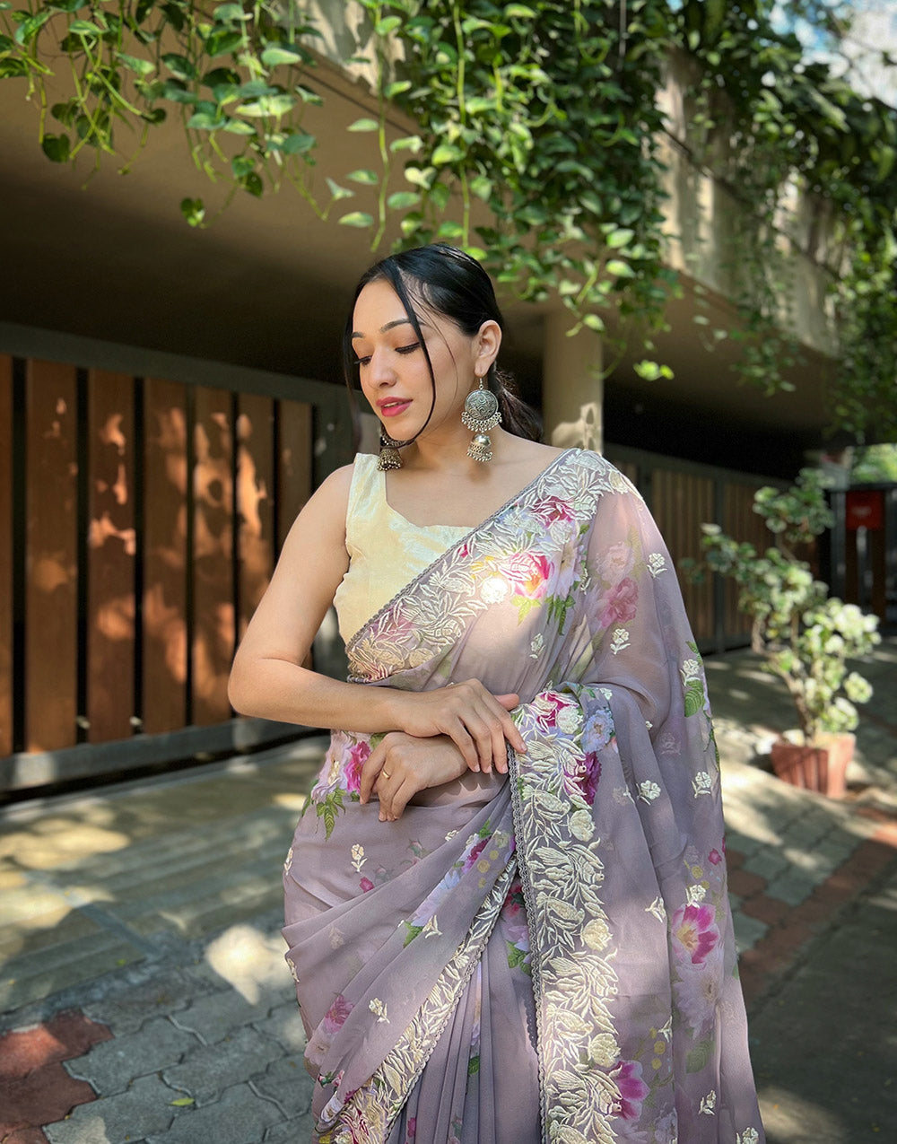 Flint Gray Georgette Printed Saree With Embroidery Work & Lace Border