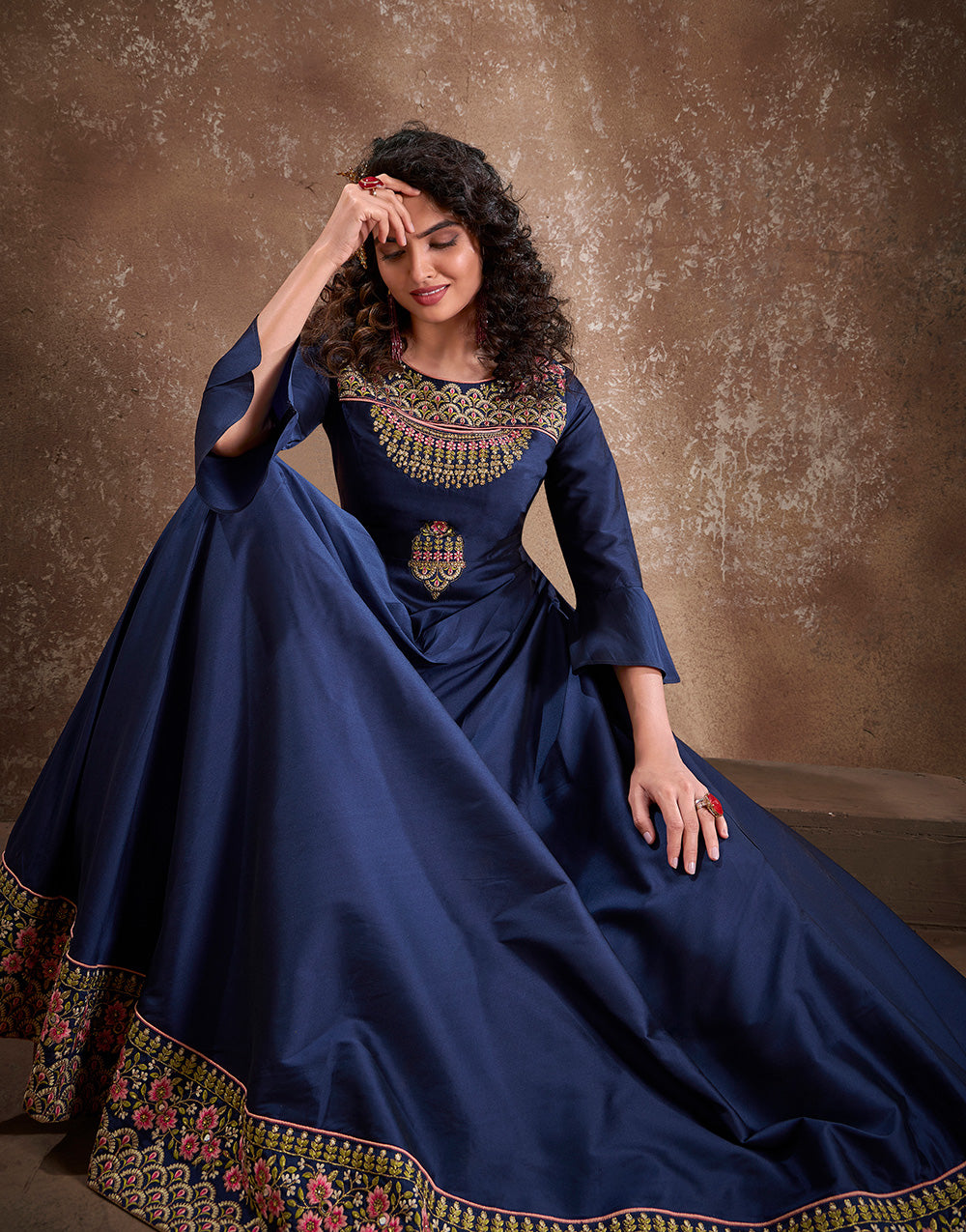 Navy Blue Triva Silk Heavy Embroidery Gown