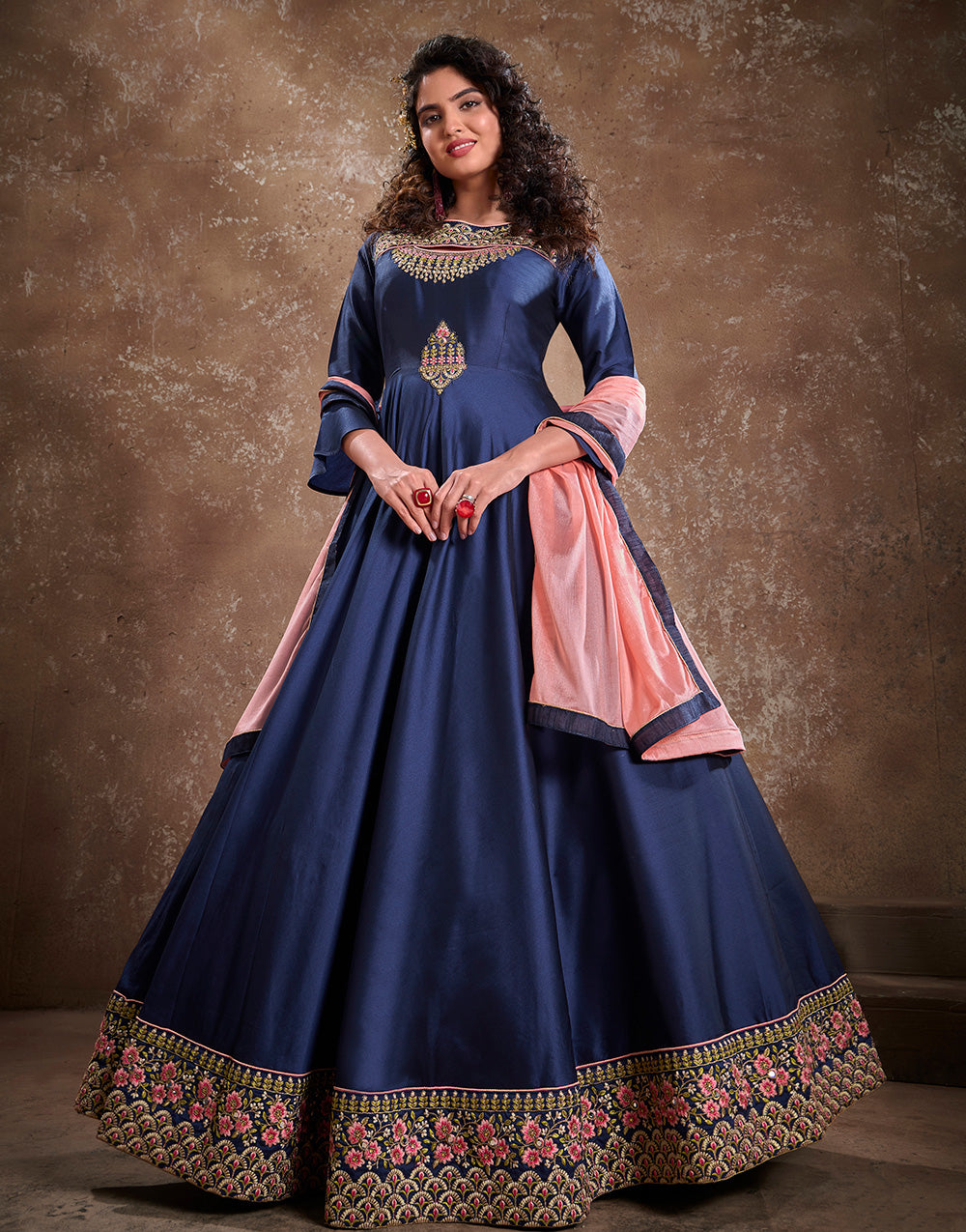 Navy Blue Triva Silk Heavy Embroidery Gown