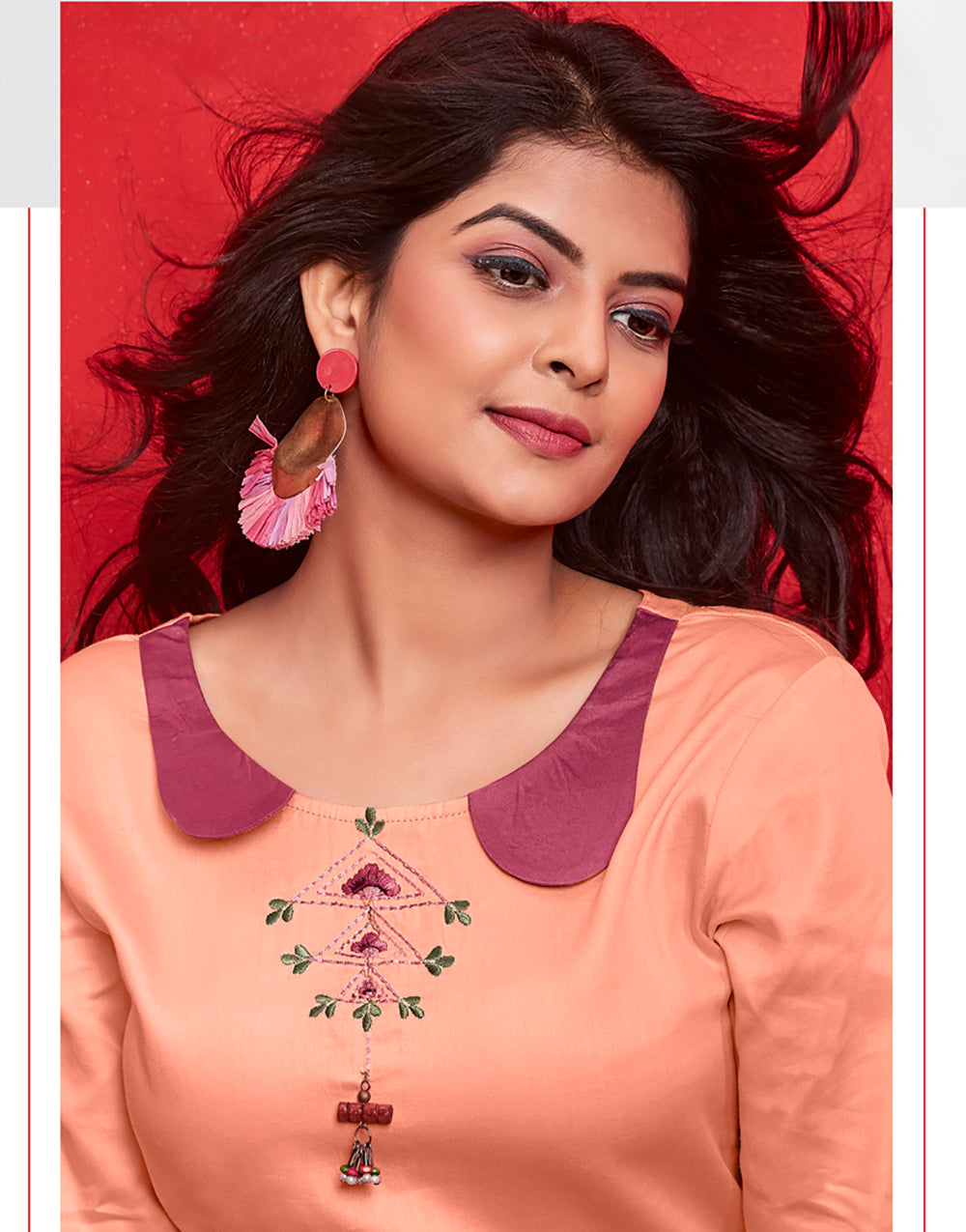 Peach Cotton With Heavy Embroidery Kurti