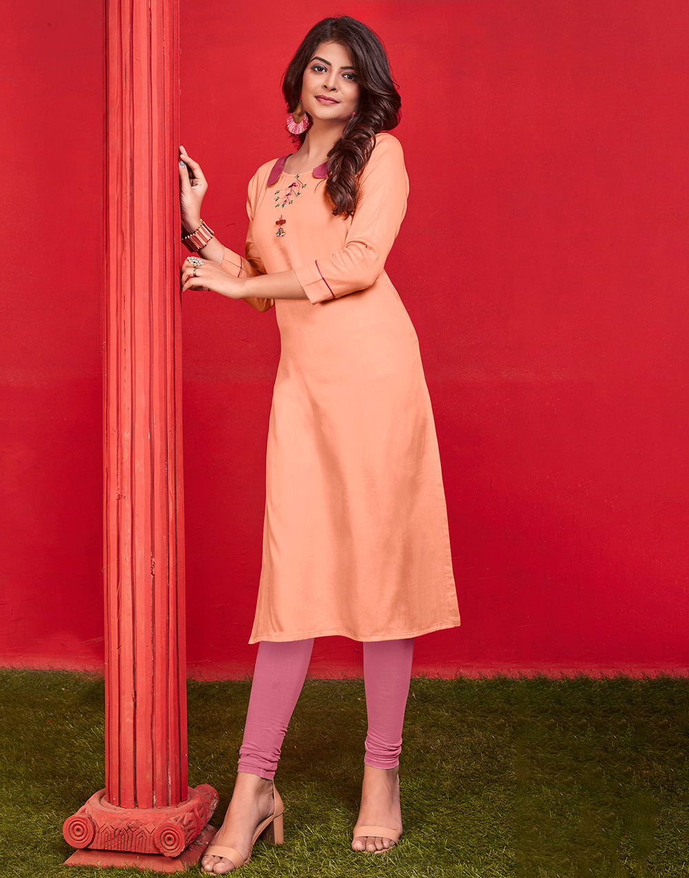 Peach Cotton With Heavy Embroidery Kurti