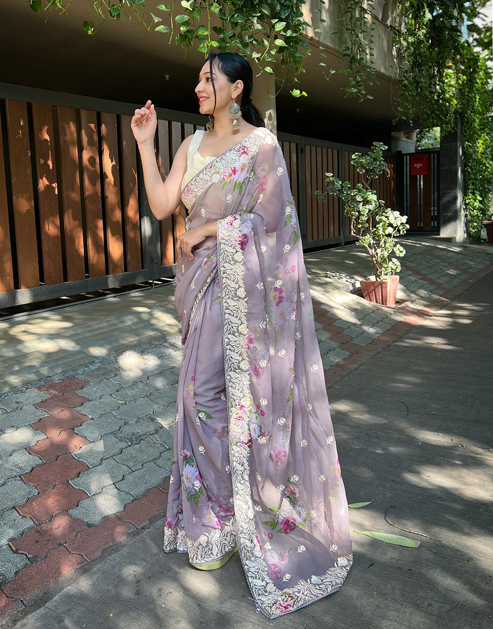 Flint Gray Georgette Printed Saree With Embroidery Work & Lace Border