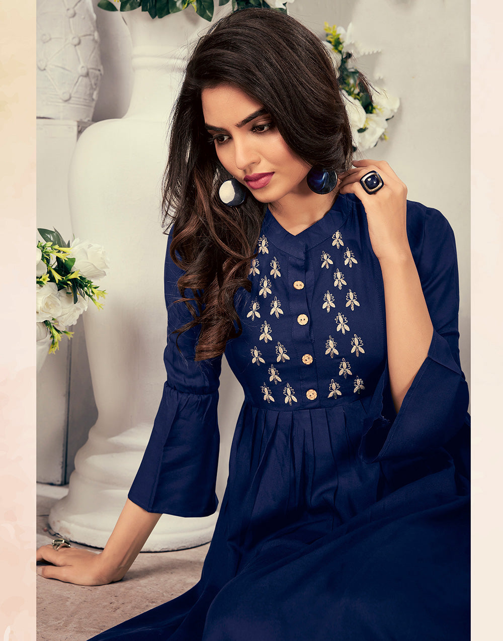Navy Blue Rayon With With Heavy Embroidery Party Wear Kurti