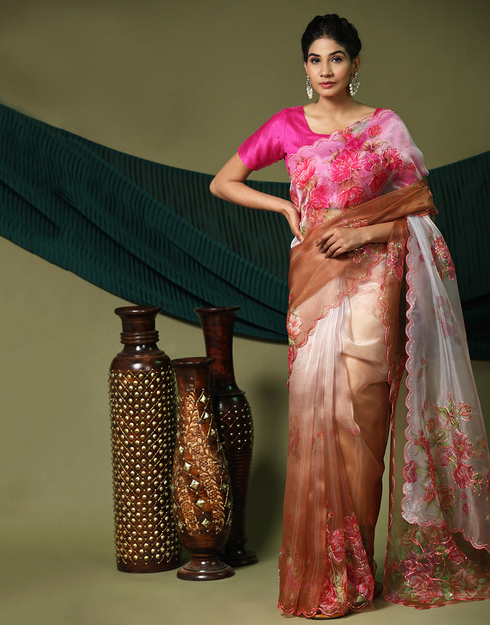 Brown Organza Saree Digital Printed Work With Cutwork Border