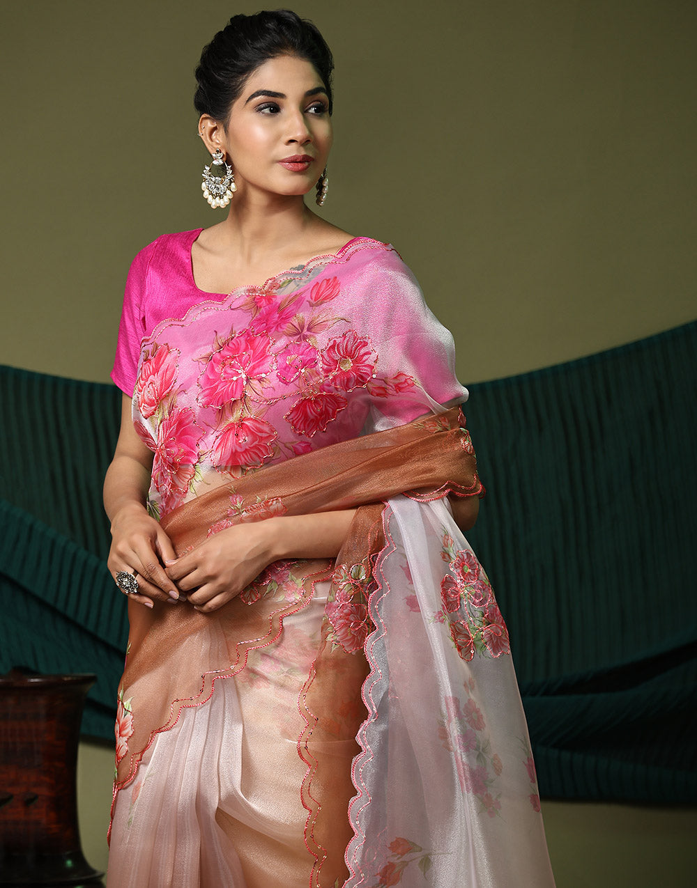 Brown Organza Saree Digital Printed Work With Cutwork Border