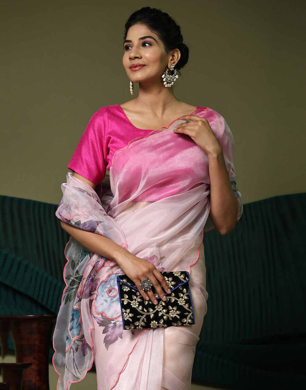 Baby Pink Organza Saree Digital Printed Work With Cutwork Border