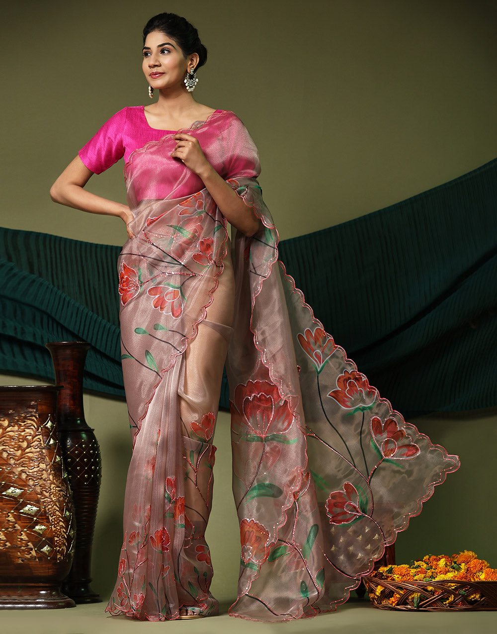 Peach Organza Saree Digital Printed Work With Cutwork Border