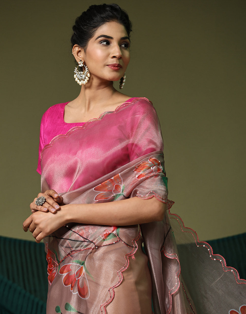 Peach Organza Saree Digital Printed Work With Cutwork Border