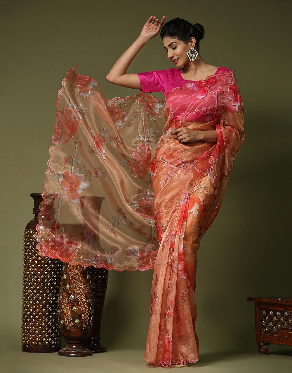 Coral Orange Organza Saree Digital Printed Work With Cutwork Border
