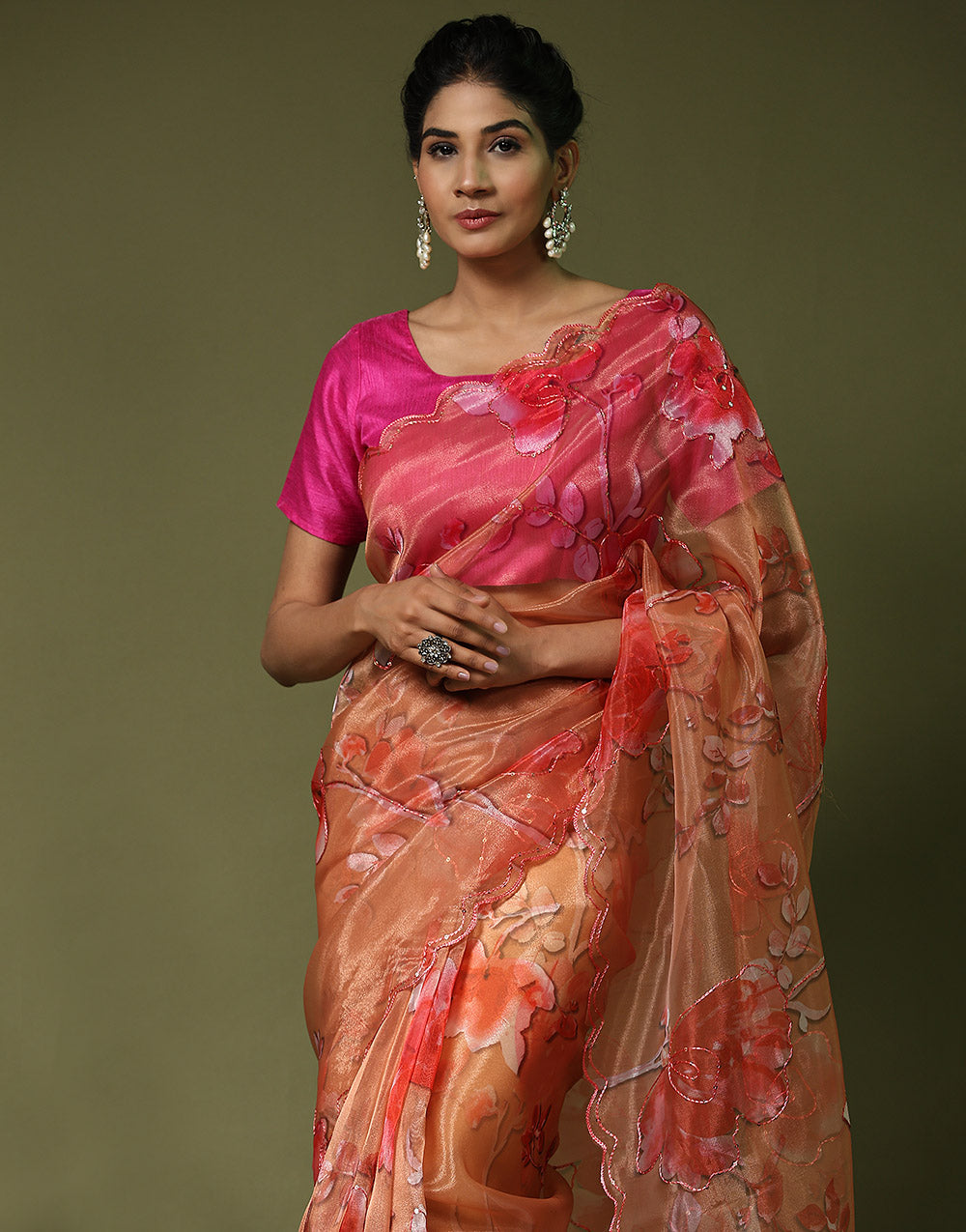 Coral Orange Organza Saree Digital Printed Work With Cutwork Border