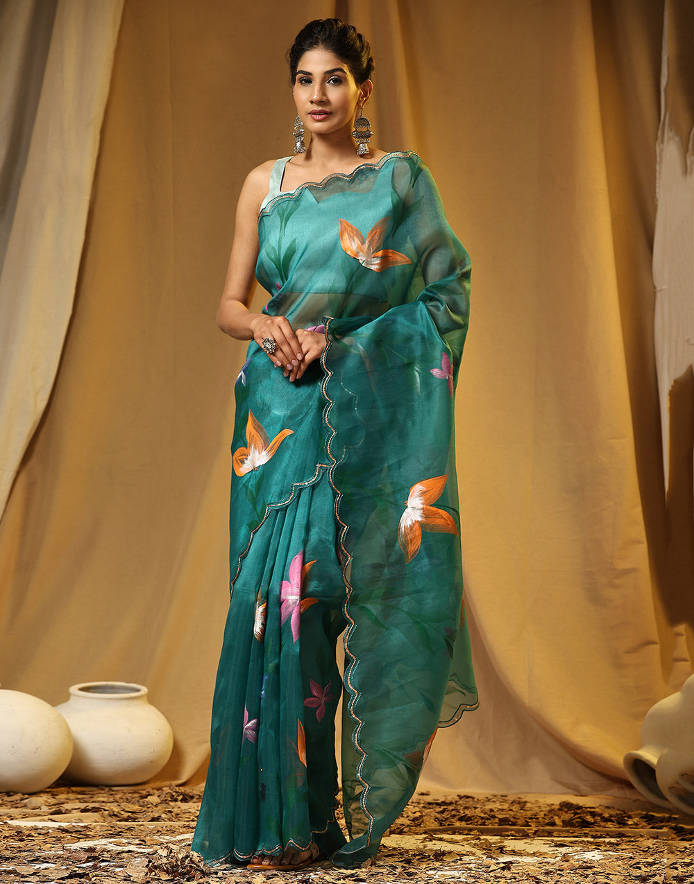 Teal Green Organza Saree Digital Printed Work With Cutwork Border