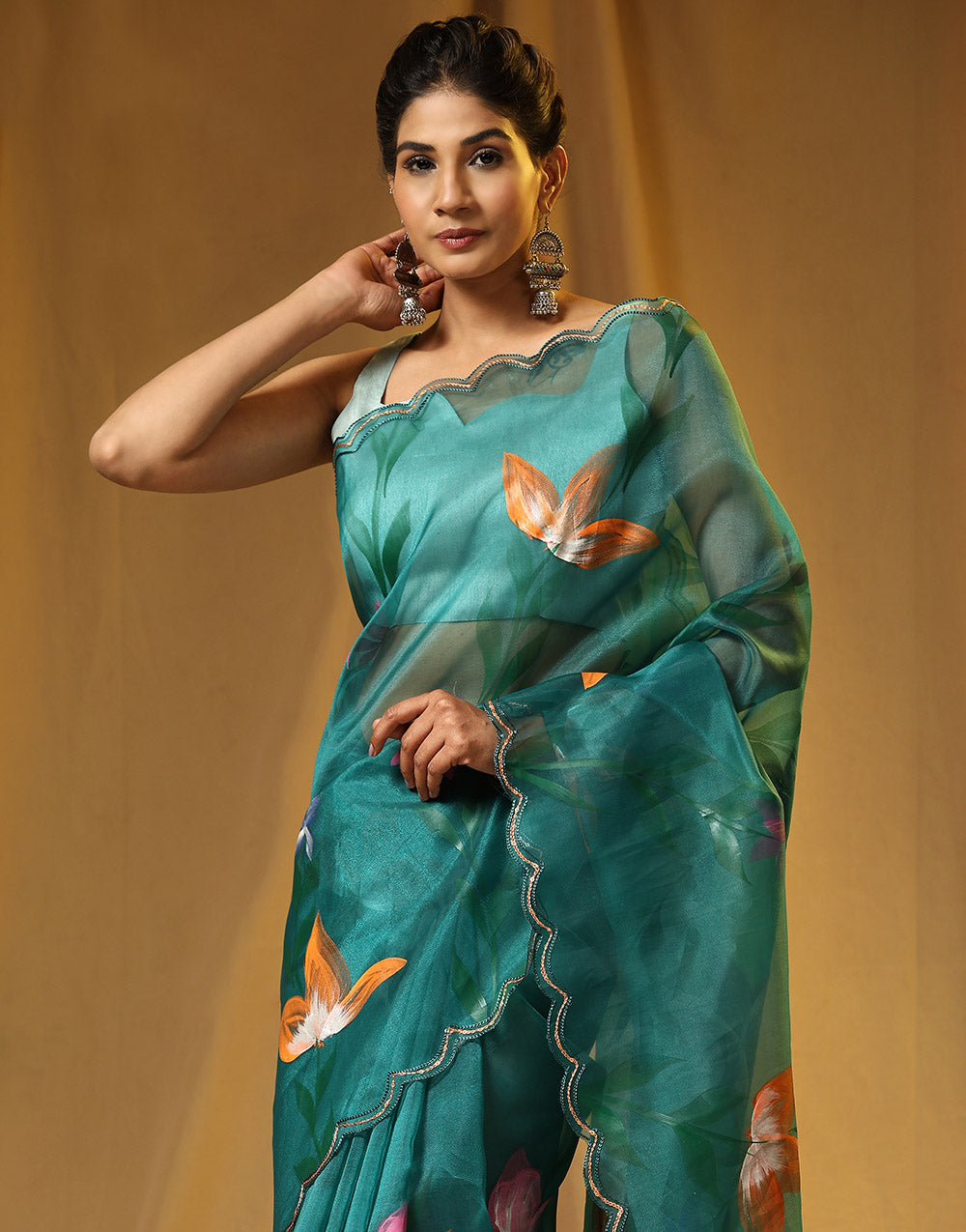Teal Green Organza Saree Digital Printed Work With Cutwork Border