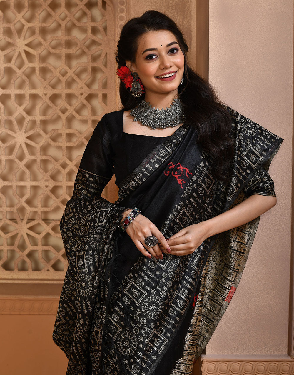 Black Silk Saree With Weaving Work