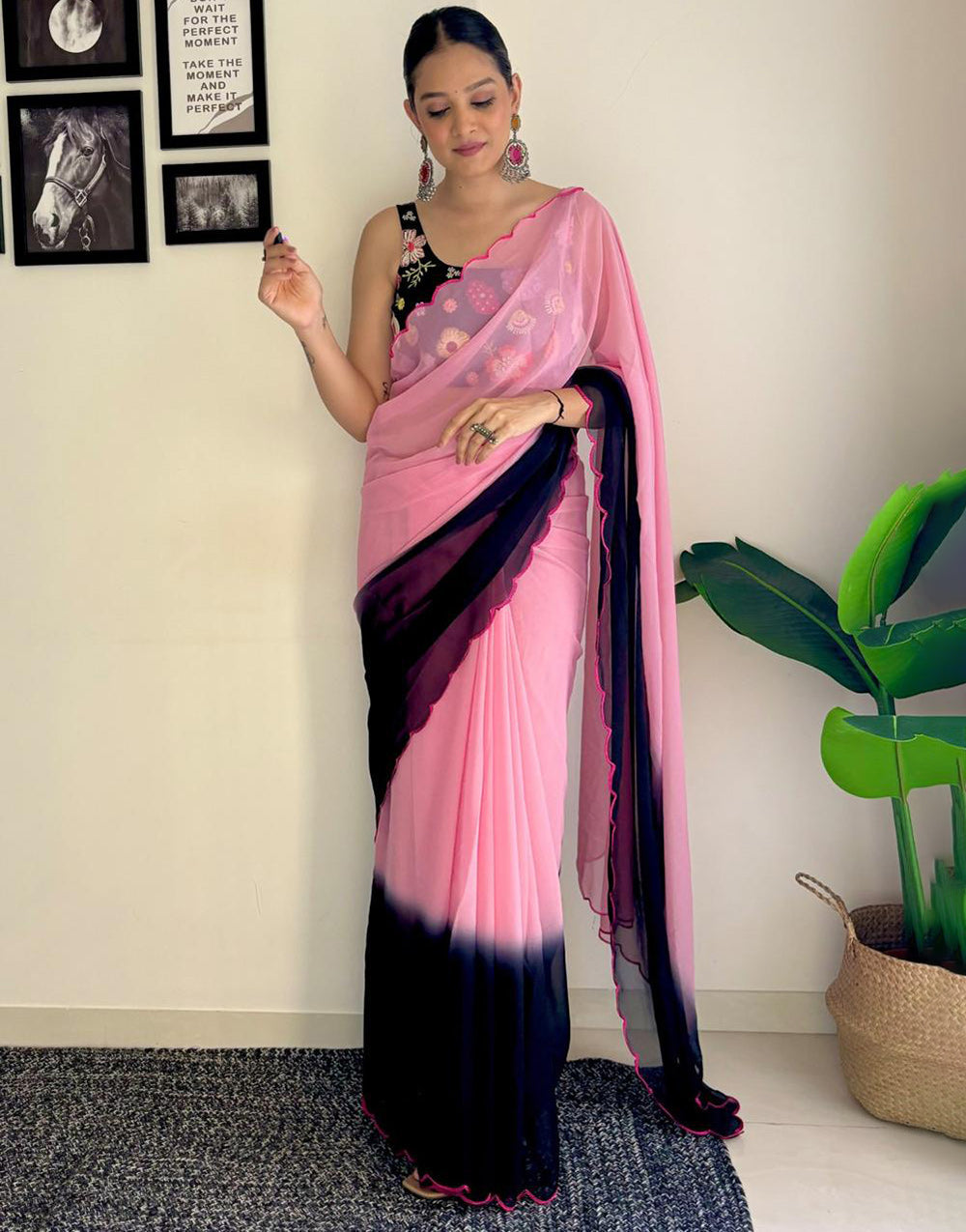 Light Pink & Black Georgette Saree With Printed & Cut Work Border