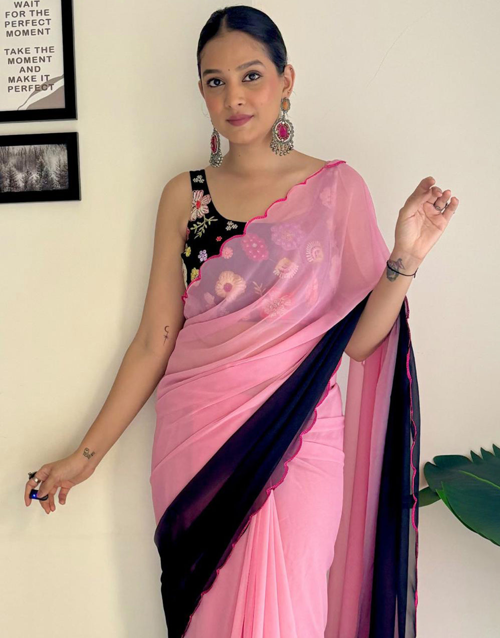 Light Pink & Black Georgette Saree With Printed & Cut Work Border
