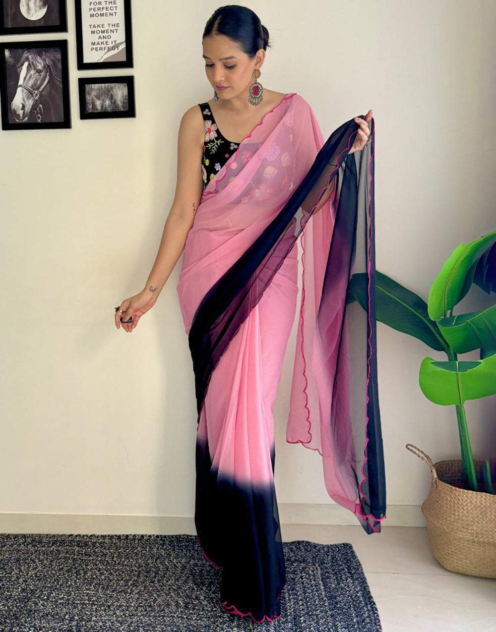 Light Pink & Black Georgette Saree With Printed & Cut Work Border