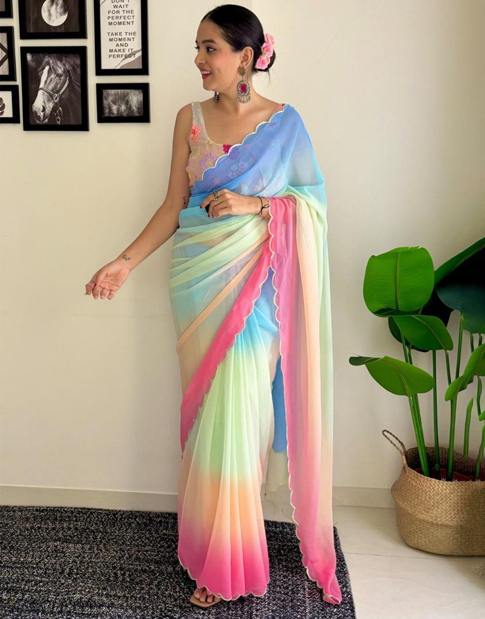 Multi Georgette Saree With Printed & Cut Work Border