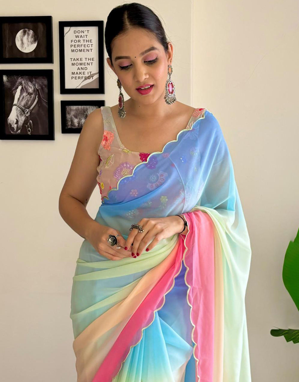 Multi Georgette Saree With Printed & Cut Work Border