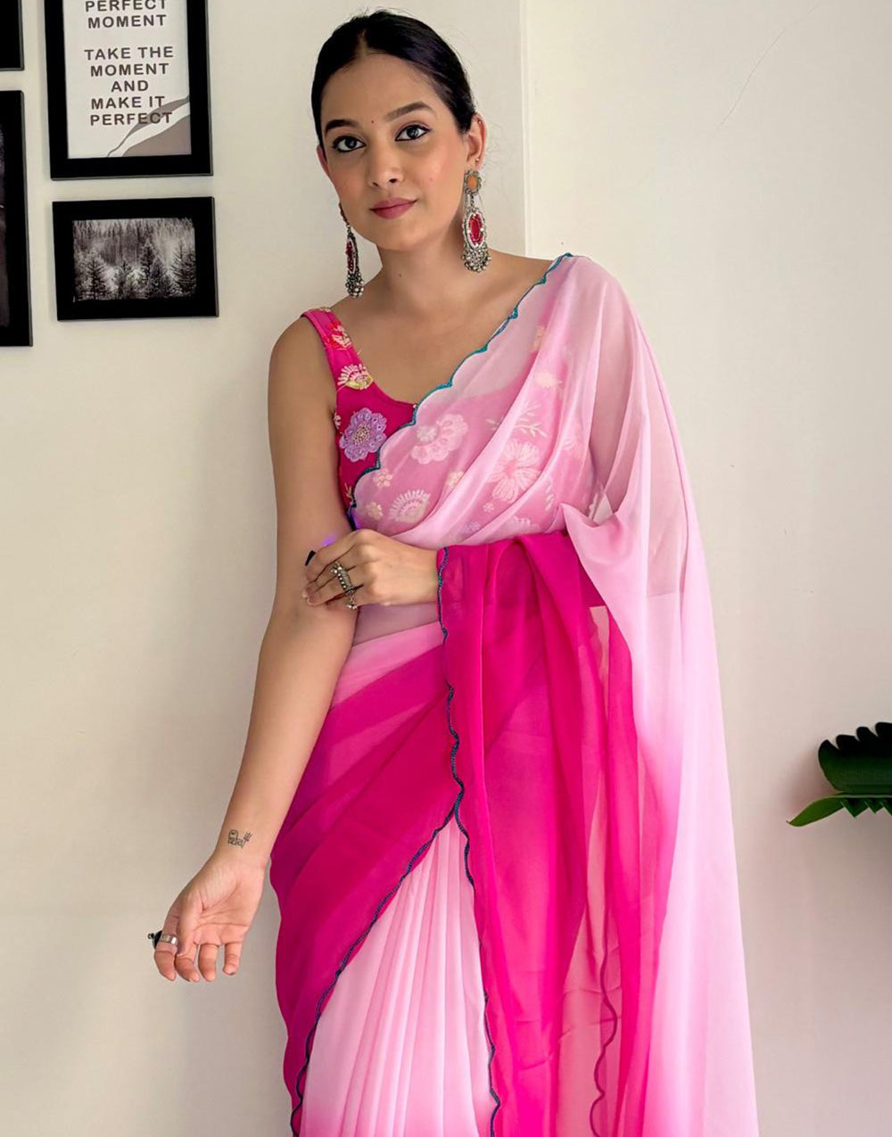 Pink Georgette Saree With Printed & Cut Work Border