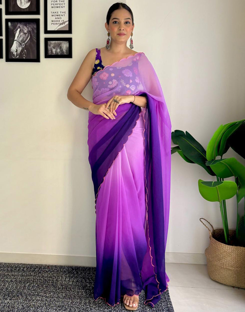 Purple Georgette Saree With Printed & Cut Work Border