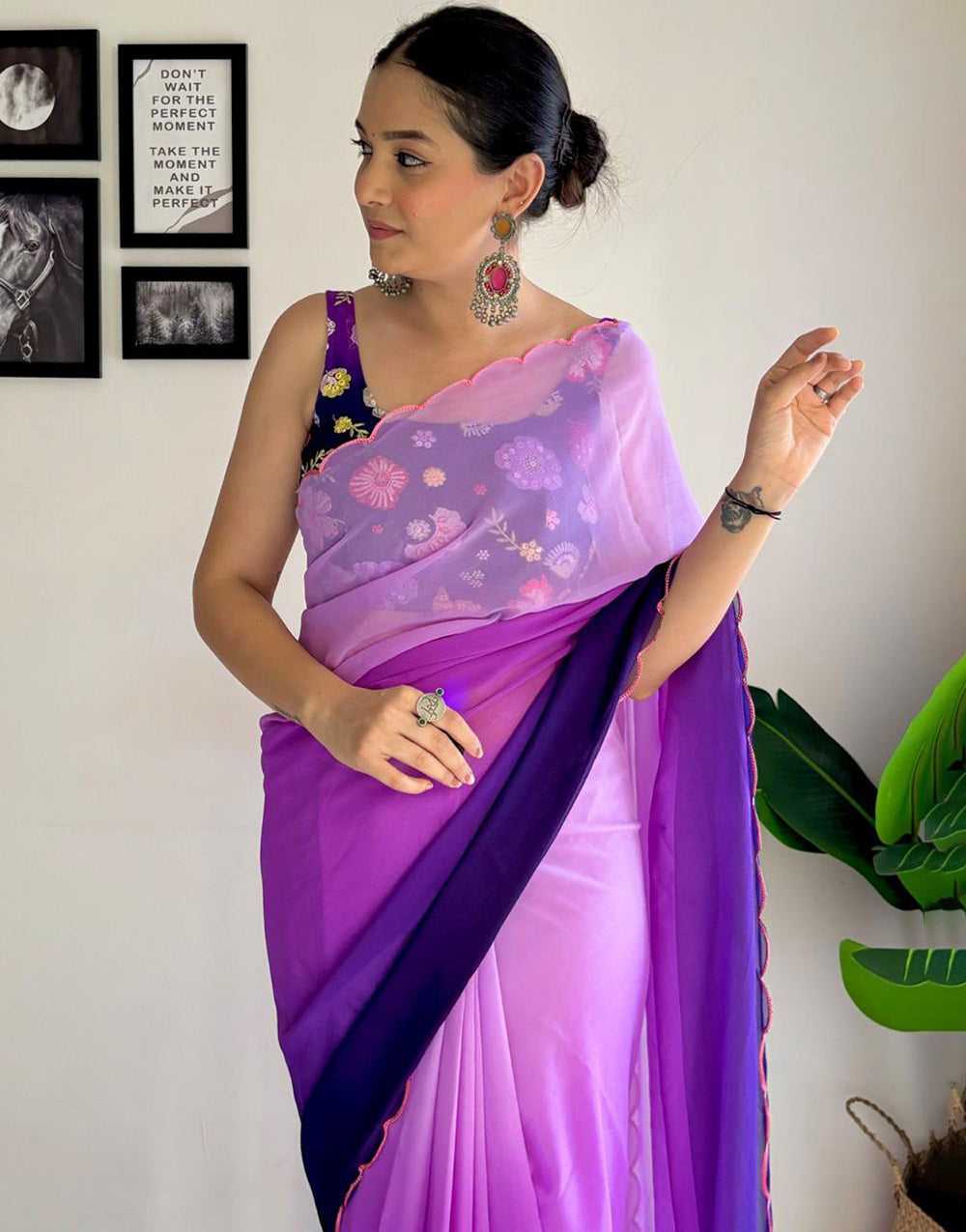 Purple Georgette Saree With Printed & Cut Work Border