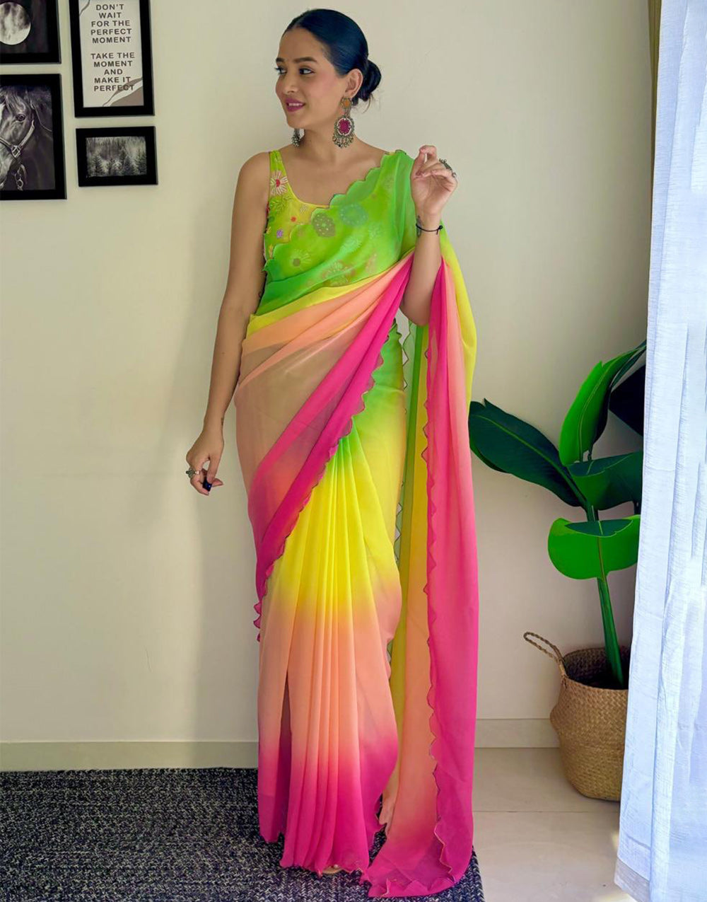Light Green & Peach Georgette Saree With Printed & Cut Work Border