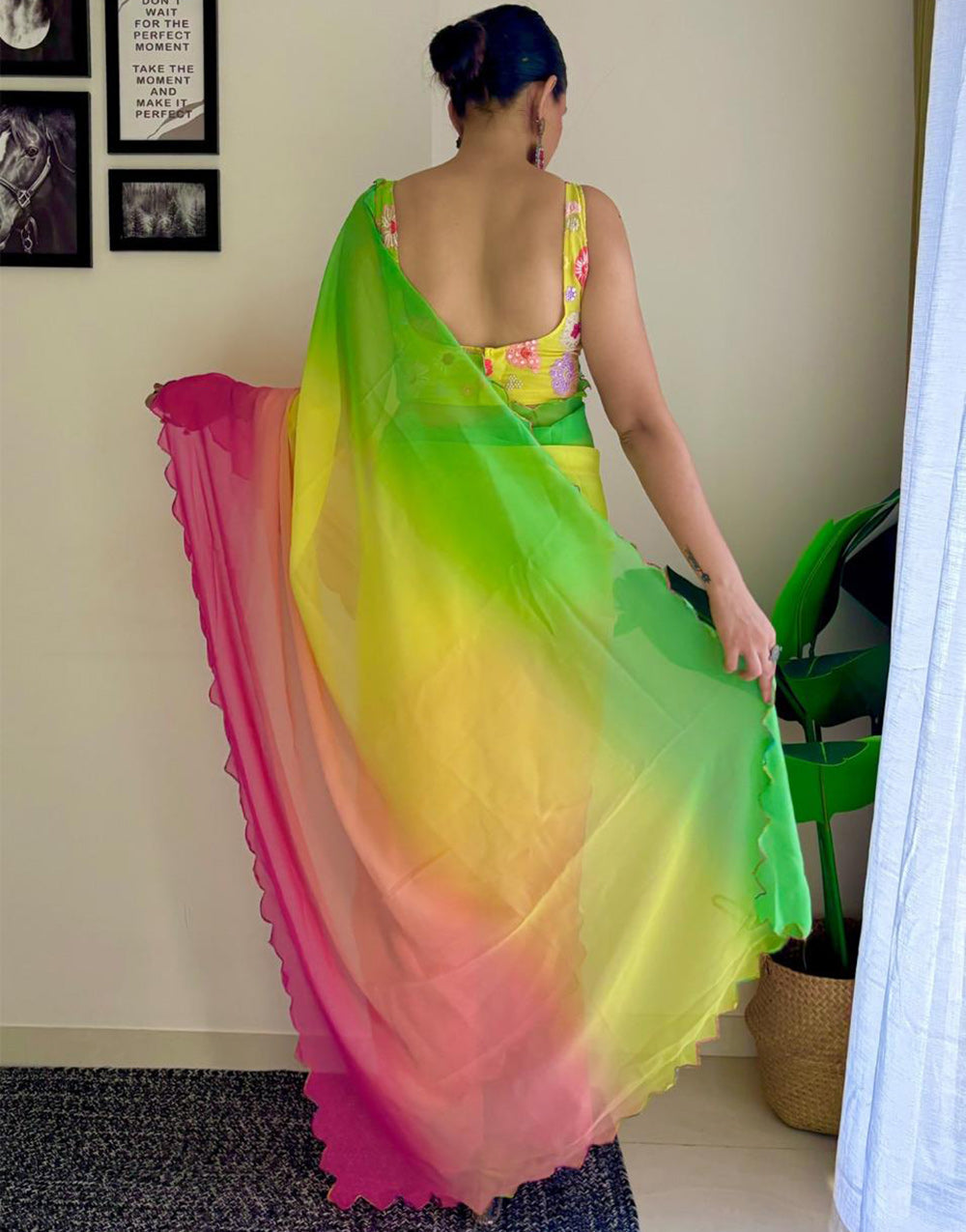 Light Green & Peach Georgette Saree With Printed & Cut Work Border